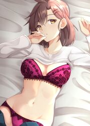 Rule 34 | 1girl, absurdres, arms up, bed sheet, blush, bra, breasts, brown hair, clothes lift, clothes pull, floral print, from above, groin, hair ornament, hairclip, head tilt, highres, kuzukiri (riezenagel), lace, lace-trimmed bra, lace-trimmed panties, lace trim, looking at viewer, lying, medium breasts, navel, on back, on bed, original, panties, pants, pants pull, parted lips, pink bra, pink panties, print bra, shirt lift, short hair, solo, underwear