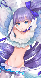 Rule 34 | 1girl, amripo, bare shoulders, blue eyes, blue ribbon, blush, choker, earrings, fate/grand order, fate (series), flat chest, frills, hair ribbon, highres, jewelry, long hair, looking at viewer, meltryllis (fate), meltryllis (swimsuit lancer) (third ascension) (fate), navel, purple hair, ribbon, skinny, smile, very long hair