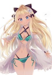 Rule 34 | 1girl, bare shoulders, bikini, black bikini, black bow, blonde hair, blue eyes, blush, bow, closed mouth, commentary request, flower, gluteal fold, green bikini, hair between eyes, hair bow, hair flower, hair ornament, head tilt, high ponytail, highleg, highleg bikini, highres, hizaka, layered bikini, long hair, long sleeves, navel, o-ring, o-ring bikini, o-ring top, pointy ears, ponytail, princess connect!, saren (princess connect!), saren (summer) (princess connect!), see-through, side-tie bikini bottom, simple background, sleeves past wrists, smile, solo, swimsuit, thigh gap, very long hair, white background, white flower