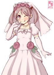 Rule 34 | 1girl, ;q, alternate costume, artist logo, bridal veil, commentary request, cowboy shot, dated, dress, elbow gloves, flat chest, flower, gloves, hair flower, hair ornament, highres, kanon (kurogane knights), kantai collection, looking at viewer, one-hour drawing challenge, one eye closed, pink eyes, pink hair, rose, sazanami (kancolle), school uniform, serafuku, short hair, simple background, solo, tongue, tongue out, twintails, veil, wedding dress, white background, white dress, white legwear