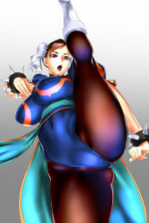 Rule 34 | 1girl, absurdres, boots, bracelet, breasts, brown hair, capcom, china dress, chinese clothes, chun-li, commentary request, covered navel, double bun, dress, fingernails, gradient background, hair bun, hair ornament, highres, jewelry, judge (oekaki), kicking, knee boots, large breasts, leotard, leotard under clothes, lips, open mouth, panties, pantyhose, puffy short sleeves, puffy sleeves, purple eyes, short sleeves, solo, spiked bracelet, spikes, street fighter, underwear, white footwear