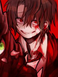 Rule 34 | blood, blood on clothes, blood on face, brown hair, collared shirt, commentary request, crying, crying with eyes open, employee (project moon), eyebrows hidden by hair, grin, jacket, lobotomy corporation, necktie, open clothes, open jacket, project moon, red background, red eyes, red jacket, red necktie, shirt, short hair, shot (urem), simple background, sketch, smile, tears, white shirt