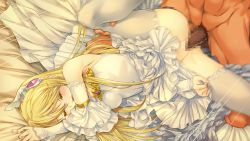 Rule 34 | 1boy, 1girl, alice soft, bare shoulders, bed, blonde hair, blush, breasts, censored, closed eyes, elbow gloves, game cg, gloves, leg up, legs, long hair, lying, no panties, open mouth, penis, pussy, rance09: the helman revolution, sex, siera helman, small breasts, solo focus, thighs, vaginal, white legwear