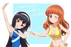 Rule 34 | 2girls, ;), arm up, bikini, bikini skirt, black hair, blue background, blue one-piece swimsuit, blunt bangs, breasts, brown eyes, cleavage, commentary, delicious party precure, frilled bikini, frills, front-tie bikini top, front-tie top, frown, girls und panzer, hairband, halterneck, hand on own hip, head tilt, highres, kayabakoro, long hair, looking at viewer, medium breasts, milestone celebration, multiple girls, navel, one-piece swimsuit, one eye closed, open mouth, orange eyes, orange hair, outline, outside border, precure, reizei mako, small breasts, smile, standing, swimsuit, takebe saori, translated, voice actor connection, white hairband, white outline, yellow bikini