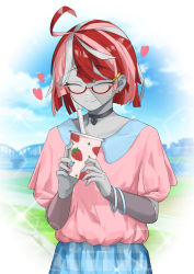 1girl, absurdres, ahoge, alternate hairstyle, arms up, asymmetrical eyes, bangle, bespectacled, black choker, blue skirt, blue sky, blurry, blurry background, bracelet, bridge, choker, cloud, commentary request, cup, day, disposable cup, drinking straw, earrings, eyebrows visible through hair, eyes closed, food, fruit, glasses, grass, hair ornament, hairclip, heart, heart pendant, highres, holding, holding cup, hololive, hololive indonesia, jewelry, kureiji ollie, multicolored hair, outdoors, partial commentary, patchwork skin, pink shirt, raeis, red-framed eyewear, semi-rimless eyewear, shirt, short hair, short sleeves, skirt, sky, smile, solo, standing, stitches, strawberry, stud earrings, under-rim eyewear, virtual youtuber