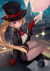 Rule 34 | 1girl, absurdres, ascot, belt, blonde hair, blue eyes, blurry, bokeh, brooch, building, city, depth of field, envelope, full moon, gloves, hair ribbon, hat, heterochromia, highres, holding, holding envelope, holding pen, inkwell, jacket, jewelry, long hair, long sleeves, looking at viewer, monochrome, moon, open mouth, original, outdoors, paper, pen, ponytail, ribbon, rooftop, shorts, sitting, smile, solo, sparkle, teo (telo ruka), top hat, very long hair, yellow eyes