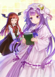 2girls ^_^ ama-tou bat_wings book bow brown_hair closed_eyes hair_bow hair_ribbon hat highres holding holding_book koakuma long_hair mob_cap multiple_girls parted_lips patchouli_knowledge purple_eyes purple_hair ribbon smile touhou wings