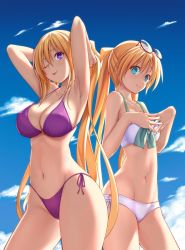 Rule 34 | 2girls, :p, bikini, blonde hair, blue eyes, breasts, eyewear on head, highres, large breasts, lieselotte sherlock, long hair, looking at viewer, medium breasts, multiple girls, nao akinari, official art, one-piece swimsuit, one eye closed, purple eyes, purple one-piece swimsuit, selina sherlock, siblings, sisters, smile, swimsuit, tongue, tongue out, trinity seven, twins, twintails