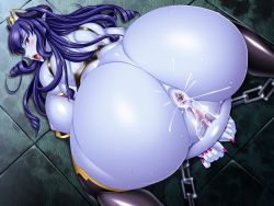 Rule 34 | 1girl, anus, ass, bdsm, belial (ma wo youmu joou), blue-skinned female, blue hair, blue skin, blush, bondage, bound, breasts, censored, chain, chained, colored skin, demon girl, game cg, horns, huge breasts, indoors, large breasts, long hair, looking back, ma wo youmu joou, mosaic censoring, nail polish, nipples, open mouth, pichipichi garou r, pointy ears, pussy, pussy juice, red eyes, sideboob, single horn, stomach bulge, sweat, teeth, thighhighs, top-down bottom-up, upper teeth only