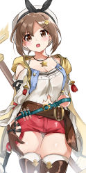 Rule 34 | 1girl, absurdres, atelier (series), atelier ryza, atelier ryza 1, belt, belt buckle, beret, black ribbon, blue belt, blush, boots, breasts, brown belt, brown eyes, brown gloves, brown hair, buckle, cleavage, commentary request, flask, gloves, hair between eyes, hair ornament, hairclip, hat, highres, jewelry, leather, leather belt, long sleeves, looking at viewer, medium breasts, navel, necklace, open mouth, potion, puffy long sleeves, puffy sleeves, red shorts, reisalin stout, ribbon, round-bottom flask, round teeth, shirt, short hair, short shorts, shorts, skindentation, solo, sora (silent square), staff, star (symbol), star necklace, teeth, thigh boots, thigh gap, thighhighs, thighs, upper teeth only, v-shaped eyebrows, vial, white hat, white shirt