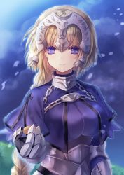 Rule 34 | 1girl, armor, bad id, bad pixiv id, black gloves, blonde hair, braid, breasts, capelet, chain, closed mouth, cloud, cloudy sky, commentary request, day, fate/apocrypha, fate (series), gauntlets, gloves, grass, headpiece, hi-na1, highres, jeanne d&#039;arc (fate), jeanne d&#039;arc (ruler) (fate), large breasts, long hair, looking at viewer, outdoors, plackart, purple capelet, purple eyes, reaching, reaching towards viewer, single braid, sky, smile, solo, upper body, wind