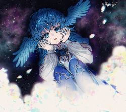 Rule 34 | 1girl, bird legs, bird wings, blue capelet, blue eyes, blue hair, brooch, capelet, commentary request, crying, crying with eyes open, feathered wings, feet out of frame, ffgedigedi, field, final fantasy, final fantasy xiv, flower, flower field, from below, galaxy, glowing flower, hands on own face, head wings, highres, jewelry, korean commentary, long sleeves, looking down, meteion, open mouth, outdoors, petals, short hair, signature, sitting, sky, solo, spoilers, star (sky), starry sky, tears, twitter username, wings