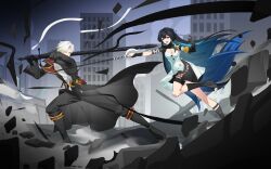 Rule 34 | 1boy, 1girl, black hair, black jacket, black pants, blue hair, breasts, character request, cleavage, colored inner hair, copyright request, dress, fighting stance, highres, holding, holding sword, holding weapon, jacket, long hair, mechanical arms, multicolored hair, no panties, pants, punishing: gray raven, purple eyes, razgriz00169, selena: capriccio (punishing: gray raven), selena (punishing: gray raven), shirt, short hair, single mechanical arm, solo, sword, very long hair, weapon, white dress, white hair, white shirt