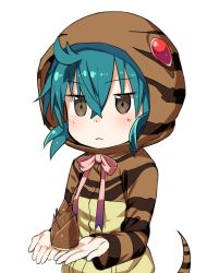 Rule 34 | 10s, 1girl, aqua hair, bamboo shoot, check commentary, commentary request, greatmosu, hood, hoodie, kemono friends, long sleeves, palms, ribbon, short hair, snake tail, solo, striped clothes, striped hoodie, tail, tsuchinoko (kemono friends)