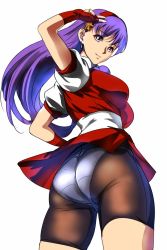 Rule 34 | 1girl, asamiya athena, ass, bike shorts, breasts, highres, large breasts, legs, looking at viewer, panties, purple hair, sideboob, smile, snk, solo, the king of fighters, thighs, underwear