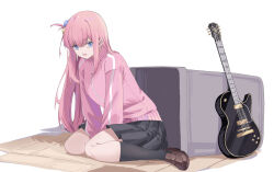 Rule 34 | 1girl, absurdres, black skirt, black socks, blue eyes, bocchi the rock!, brown footwear, cake walker, gotoh hitori, guitar, hair ornament, highres, instrument, jacket, kneehighs, loafers, long hair, looking at viewer, one side up, open clothes, open jacket, open mouth, pink hair, pink jacket, pleated skirt, shoes, sidelocks, sitting, skirt, socks, solo, trash can, wariza
