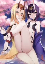 Rule 34 | 2girls, absurdres, arm tattoo, bare legs, bare shoulders, barefoot, bikini, black bikini, blonde hair, blurry, blurry background, blush, breasts, cherry blossoms, closed mouth, collarbone, commentary, earrings, facial mark, facial tattoo, fate/grand order, fate (series), feet, feet out of frame, hair ornament, hand on another&#039;s chin, highres, horns, ibaraki douji (fate), jewelry, legs, legs up, long hair, looking at viewer, multiple girls, neck tattoo, open mouth, pointy ears, purple eyes, purple hair, short hair, shuten douji (fate), sidelocks, sitting, sitting on person, skin-covered horns, small breasts, smile, soles, swimsuit, symbol-only commentary, tattoo, thighs, toes, water, yanwulazy, yellow eyes