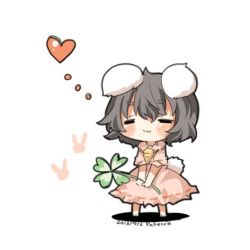 Rule 34 | 1girl, animal ears, bad id, bad twitter id, black hair, blush, rabbit, rabbit ears, rabbit tail, carrot, clover, closed eyes, four-leaf clover, heart, inaba tewi, jewelry, lowres, pendant, rebecca (keinelove), short hair, smile, tail, touhou