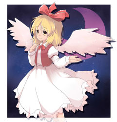 Rule 34 | 1girl, angel wings, blonde hair, bow, bowtie, closed mouth, cocoa (cocoa1qld), collared shirt, crescent, ellipsis (mitei), feathered wings, frilled skirt, frills, gengetsu (touhou), gensokyo, hair ribbon, happy, highres, juliet sleeves, long sleeves, open clothes, open vest, puffy sleeves, red bow, red bowtie, red ribbon, red vest, ribbon, shirt, short hair, skirt, sleeve garter, smile, touhou, touhou (pc-98), vest, white shirt, white skirt, white wings, wings, yellow eyes