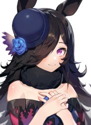Rule 34 | 1girl, absurdres, animal ears, bare shoulders, black hair, blue flower, blue hat, blue rose, blush, closed mouth, collarbone, commentary request, flower, fur collar, hair over one eye, hand over heart, hands on own chest, hat, hat flower, hat ornament, highres, horse ears, karasu-san (syh3iua83), long hair, looking at viewer, off shoulder, own hands together, purple eyes, rice shower (umamusume), rose, simple background, skindentation, smile, solo, tilted headwear, umamusume, white background