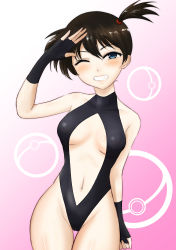 Rule 34 | 1girl, absurdres, alternate breast size, alternate eye color, alternate hair color, arm at side, bare hips, bare shoulders, black one-piece swimsuit, blue eyes, blush, breasts, breasts apart, brown hair, cameltoe, commentary request, covered collarbone, creatures (company), eyelashes, game freak, grin, gym leader, hand up, head tilt, highleg, highleg swimsuit, highres, looking at viewer, medium breasts, midriff, misty (pokemon), navel, nintendo, one-piece swimsuit, one eye closed, pink background, poke ball, pokemon, pokemon: the electric tale of pikachu, short hair, side ponytail, smile, solo, stomach, swimsuit, thigh gap, turtleneck, very short hair