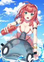 Rule 34 | 1girl, :o, absurdres, ahoge, arm strap, bare shoulders, bikini, blue sky, blush, bottle, bracelet, breasts, choker, cleavage, cloud, commentary request, counter:side, day, dot nose, from below, green eyes, hair ornament, hairclip, halterneck, highres, holding, holding bottle, inflatable orca, inflatable toy, jewelry, large breasts, looking at viewer, lycoris (counter:side), medium hair, multi-strapped bikini bottom, o-ring, o-ring bikini, o-ring bottom, official alternate costume, open mouth, outdoors, red hair, riding, side-tie bikini bottom, sky, solo, splashing, squeeze bottle, string bikini, swimsuit, thigh strap, thighs, transparent, v-shaped eyebrows, water drop, wet, white bikini, white choker, yokoshimahama