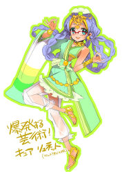 Rule 34 | 1girl, alternate universe, asymmetrical clothes, blue eyes, blue hair, braid, braided hair rings, choker, dress, earrings, edoya pochi, eyelashes, glasses, go! princess precure, green dress, hair ornament, hair rings, happy, highres, indian clothes, jewelry, long hair, looking at viewer, magical girl, matching hair/eyes, nanase yui, open mouth, precure, ribbon, ring, sandals, simple background, sitting, sketch, smile, solo, standing, text focus, translation request, twintails, white background