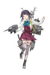 Rule 34 | 1girl, ahoge, black hair, blouse, boots, bow, bowtie, cross-laced footwear, fujikawa, full body, grey thighhighs, hair ribbon, hayanami (kancolle), kantai collection, lace-up boots, leg ribbon, long hair, long sleeves, machinery, official art, panties, ponytail, ribbon, school uniform, shirt, side-tie panties, smokestack, solo, standing, standing on one leg, striped clothes, striped panties, thigh ribbon, thigh strap, thighhighs, transparent background, underwear, white shirt, yellow eyes