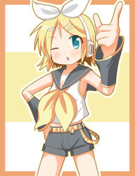 Rule 34 | 1girl, ;o, bad perspective, belt, belt buckle, blonde hair, blue eyes, border, buckle, comic, detached sleeves, hair ornament, hair ribbon, hairclip, hand on own hip, headphones, index finger raised, kagamine rin, legs apart, looking at viewer, minami (colorful palette), neckerchief, one eye closed, open mouth, outline, ribbon, school uniform, serafuku, shirt, short hair, short sleeves, sleeveless, sleeveless shirt, solo, standing, swept bangs, tareme, treble clef, vocaloid, white outline, wink, yellow neckerchief