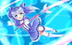 Rule 34 | 1girl, :d, blue bow, blue choker, blue dress, blue eyes, blue footwear, blue hair, bow, choker, collarbone, dress, frilled socks, frills, gloves, hair bow, heart, holding, holding wand, kneehighs, mary janes, nijisanji, open mouth, outstretched arm, puffy short sleeves, puffy sleeves, shirihime, shoes, short sleeves, smile, socks, solo, sparkle, twintails, virtual youtuber, wand, white gloves, white socks, white wings, wings, yuuki chihiro, yuuki chihiro (1st costume)