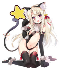 Rule 34 | 1girl, animal ears, bell, black gloves, black leotard, black thighhighs, blush, breasts, cat ears, cat tail, collar, commentary request, covered erect nipples, dangeroes beast (illya), elbow gloves, fake animal ears, fate/kaleid liner prisma illya, fate (series), full body, gloves, illyasviel von einzbern, kneeling, knees together feet apart, leotard, long hair, looking at viewer, navel, official alternate costume, paw pose, red eyes, shiny skin, simple background, small breasts, smile, solo, star (symbol), tail, teeth, thigh gap, thighhighs, white background, white hair, youta