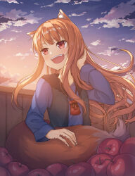 Rule 34 | 1girl, :d, absurdres, animal ears, apple, blue shirt, brown hair, carriage, food, fruit, hand up, highres, holo, long hair, open mouth, outdoors, pouch, red eyes, red hair, shirt, sitting, smile, solo, spice and wolf, tail, tuya yuanwang, twilight, vest, wolf ears, wolf tail
