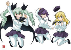 Rule 34 | 10s, 3girls, :d, anchovy (girls und panzer), anzio (emblem), anzio school uniform, arm up, belt, beret, black belt, black cape, black footwear, black hair, black hat, black neckwear, black ribbon, black skirt, blonde hair, braid, brown eyes, cape, carpaccio (girls und panzer), clenched hands, closed mouth, commentary request, dress shirt, drill hair, emblem, girls und panzer, green eyes, green hair, hair ribbon, hand on headwear, hat, jumping, loafers, long hair, long sleeves, looking at viewer, miniskirt, muichimon, multiple girls, necktie, open mouth, panties, panties under pantyhose, pantyhose, pantyshot, pepperoni (girls und panzer), pleated skirt, red eyes, ribbon, school uniform, shirt, shoes, short hair, side braid, simple background, skirt, smile, twin drills, twintails, underwear, unworn hat, unworn headwear, watermark, white background, white legwear, white shirt