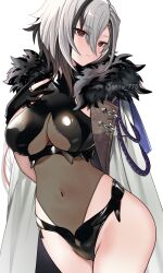 Rule 34 | 1girl, arlecchino (genshin impact), bikini, black bikini, black gloves, black hair, breasts, cleavage, coat, coat on shoulders, commentary request, covered navel, fur-trimmed coat, fur trim, genshin impact, gloves, grey eyes, grey leotard, highres, jewelry, large breasts, leotard, long hair, looking at viewer, multicolored hair, red pupils, ring, see-through, see-through cleavage, seiru (prairie), solo, streaked hair, swimsuit, symbol-shaped pupils, white coat, white hair, x-shaped pupils