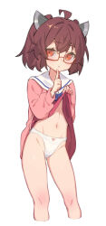 Rule 34 | 1girl, ahoge, bespectacled, brown hair, buttons, cardigan, closed mouth, clothes lift, cropped legs, dress, dress lift, feet out of frame, glasses, hair between eyes, headgear, highres, lifting own clothes, long sleeves, looking at viewer, open cardigan, open clothes, orange eyes, panties, pink cardigan, red-framed eyewear, red dress, sailor collar, sailor dress, short hair, simple background, solo, touhoku kiritan, underwear, voiceroid, white background, white panties, white sailor collar, yamamomo (plank)