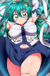 Rule 34 | 1girl, armpits, blush, breasts, bwell, detached sleeves, covered erect nipples, green eyes, green hair, highres, hip focus, kochiya sanae, large breasts, long hair, looking at viewer, lying, midriff peek, navel, on back, skirt, smile, solo, thick thighs, thighs, touhou, very long hair, vest
