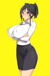 Rule 34 | 1girl, arms under breasts, black hair, blush, breast rest, breasts, business suit, covered erect nipples, crossed arms, dress shirt, formal, large breasts, looking at viewer, mature female, miniskirt, munashi mujou, netorase, original, pencil skirt, ponytail, shirt, skin tight, skindentation, skirt, skirt suit, smile, solo, suit, tight skirt, unbuttoned, white shirt, yellow background