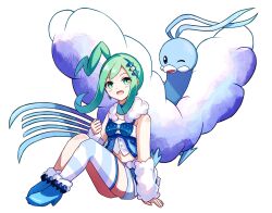 1girl :d altaria arm_support arm_warmers blue_footwear commentary_request creatures_(company) earrings game_freak gen_3_pokemon green_eyes green_hair highres jewelry lisia_(pokemon) nintendo one_side_up open_mouth pokemon pokemon_(creature) pokemon_oras shoes shorts sidelocks simple_background single_thighhigh sitting smile thighhighs vest white_background yoi_(a27963244)