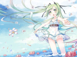 Rule 34 | 1girl, bare shoulders, blue sky, blush, breasts, buckle, cleavage, cloud, day, dress, flower, foreshortening, green eyes, green hair, hatsune miku, jin young-in, long hair, matching hair/eyes, open mouth, outstretched arms, panties, petals, see-through, skirt, sky, small breasts, solo, spread arms, sundress, twintails, underwear, very long hair, vocaloid, wading, water, white dress, white skirt, wind