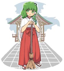 Rule 34 | 1girl, :d, bad id, bad twitter id, blush, broom, commentary request, frog hair ornament, full body, green eyes, green hair, hair ornament, hakama, hakama skirt, highres, japanese clothes, kochiya sanae, long sleeves, looking at viewer, miko, open mouth, outdoors, red skirt, sandals, sasa kichi, shrine, skirt, smile, snake hair ornament, solo, standing, tabi, touhou, white legwear, wide sleeves