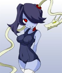 Rule 34 | 1girl, blue skin, breasts, colored skin, hair over one eye, leviathan (skullgirls), misaki naoe, red eyes, side ponytail, skullgirls, squigly (skullgirls), stitched mouth, stitches, swimsuit, thighhighs, zombie