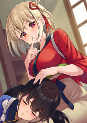 Rule 34 | 2girls, absurdres, apron, black hair, blonde hair, blue kimono, blush, breasts, closed mouth, finger to mouth, grin, hair ribbon, highres, index finger raised, indoors, inoue takina, japanese clothes, kimono, lap pillow, large breasts, long hair, looking at viewer, lycoris recoil, multiple girls, nishikigi chisato, on person, one side up, parted lips, pizza (pizzania company), red eyes, red kimono, red ribbon, ribbon, short hair, shushing, sitting, sleeping, smile, teeth, twintails, yuri