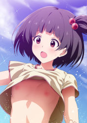 Rule 34 | 1girl, :o, blue sky, blush, breasts, commentary request, day, grey shirt, hair bobbles, hair ornament, highres, idolmaster, idolmaster million live!, looking down, mumumu (road), nakatani iku, nipples, no bra, one side up, open mouth, outdoors, purple eyes, purple hair, shirt, short hair, short sleeves, sky, small breasts, solo, sparkle, upper body, upshirt