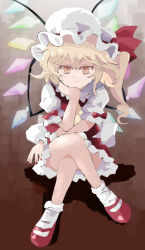 Rule 34 | 1girl, addictionwhite, ascot, back bow, blonde hair, bow, brown background, closed mouth, collared shirt, crossed legs, flandre scarlet, frilled shirt collar, frilled sleeves, frills, full body, gradient background, hair between eyes, hand on own chin, hat, hat ribbon, large bow, light smile, looking at viewer, mary janes, medium hair, mob cap, multicolored wings, nail polish, one side up, orange eyes, puffy short sleeves, puffy sleeves, red bow, red footwear, red nails, red ribbon, red skirt, red vest, ribbon, shirt, shoes, short sleeves, simple background, skirt, sleeve bow, socks, solo, touhou, vest, white bow, white hat, white shirt, white socks, wings, wrist cuffs, yellow ascot