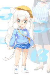 Rule 34 | 2girls, aged down, animal ear fluff, animal ears, black choker, blue bow, blue shirt, blue skirt, blush, boots, bow, breasts, choker, commentary request, flat chest, footwear bow, full body, grey eyes, grey footwear, grey hair, grey skirt, hat, high heels, highres, kemono friends, kindergarten uniform, large breasts, lets0020, lion ears, lion girl, lion tail, long hair, long sleeves, looking at viewer, medium bangs, multiple girls, numbered, open mouth, plaid, plaid skirt, school hat, shirt, short sleeves, silver fox (kemono friends), skirt, smile, solo focus, standing, striped clothes, striped shirt, tail, vertical-striped clothes, vertical-striped shirt, very long hair, white background, white footwear, white hair, white lion (kemono friends), white shirt, yellow hat