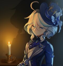 Rule 34 | 1girl, absurdres, agm, ahoge, ascot, blue ascot, blue eyes, blue hair, blue hat, blue jacket, brooch, candle, commentary request, drop shadow, fire, furina (genshin impact), genshin impact, hair between eyes, hat, highres, jacket, jewelry, looking at viewer, multicolored hair, short hair, solo, streaked hair, top hat, upper body, white hair