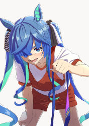 Rule 34 | 1girl, @ @, absurdres, animal ears, blue eyes, blush, crossed bangs, esubui, feet out of frame, grey background, hair over one eye, hand on own thigh, hand up, highres, horse ears, leaning forward, long hair, looking at viewer, open mouth, race bib, sharp teeth, shirt, short sleeves, simple background, solo, standing, sweat, teeth, twin turbo (umamusume), twintails, umamusume, white shirt