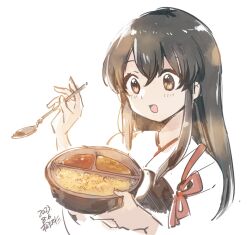 Rule 34 | 1girl, akagi (kancolle), artist name, black hair, blush, brown eyes, dated, food, hair between eyes, highres, holding, holding spoon, japanese clothes, kantai collection, kirisawa juuzou, long hair, muneate, open mouth, rice, signature, simple background, sketch, solo, spoon, tasuki, upper body, white background