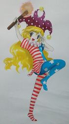 Rule 34 | 1girl, american flag dress, american flag legwear, bad id, bad pixiv id, blonde hair, clownpiece, gradient background, hat, jester cap, leg up, long hair, looking at viewer, looking to the side, no wings, open mouth, pantyhose, purple hair, salute, short sleeves, shu (loveeater), smile, solo, standing, standing on one leg, striped clothes, striped pantyhose, torch, touhou, very long hair, zun (style)