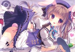 Rule 34 | 1girl, :d, absurdres, animal ears, braid, breasts, brown hair, clothes lift, garter straps, hat, heart, highres, huge filesize, open mouth, panties, pink panties, rabbit ears, rabbit tail, side-tie panties, skirt, skirt lift, smile, solo, spoken heart, tail, thighhighs, tray, underwear, waitress, white thighhighs, yukie (peach candy)